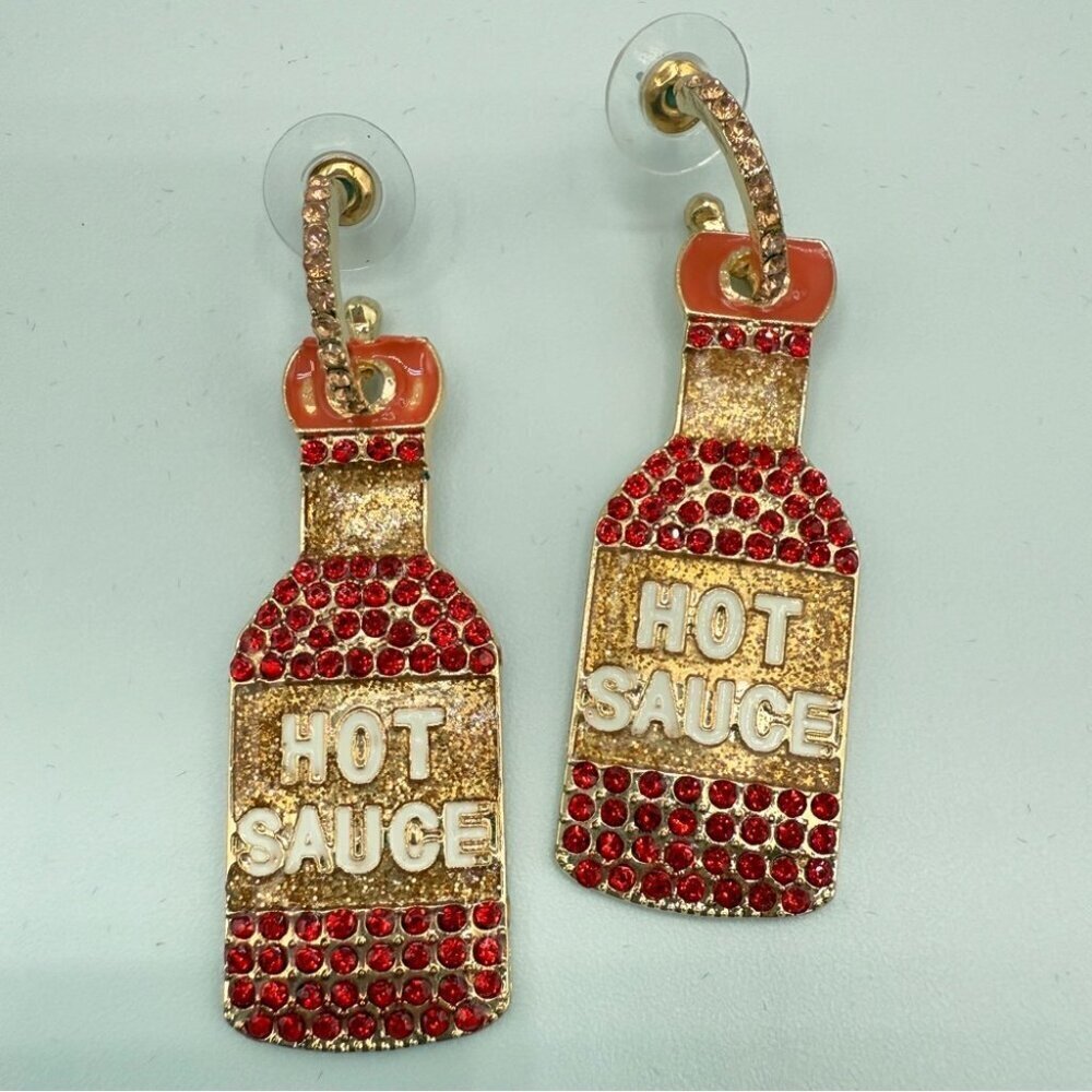 Hot Sauce Bottle Statement Earrings Red and Gold Sparkly Rhinestones